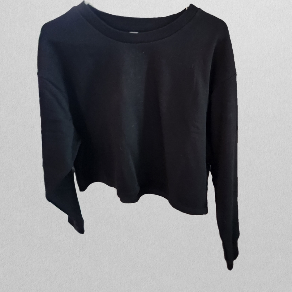 90 Degree By Reflex Terry Brushed Solid Crop Black Sweatshirt Sz L NWOT